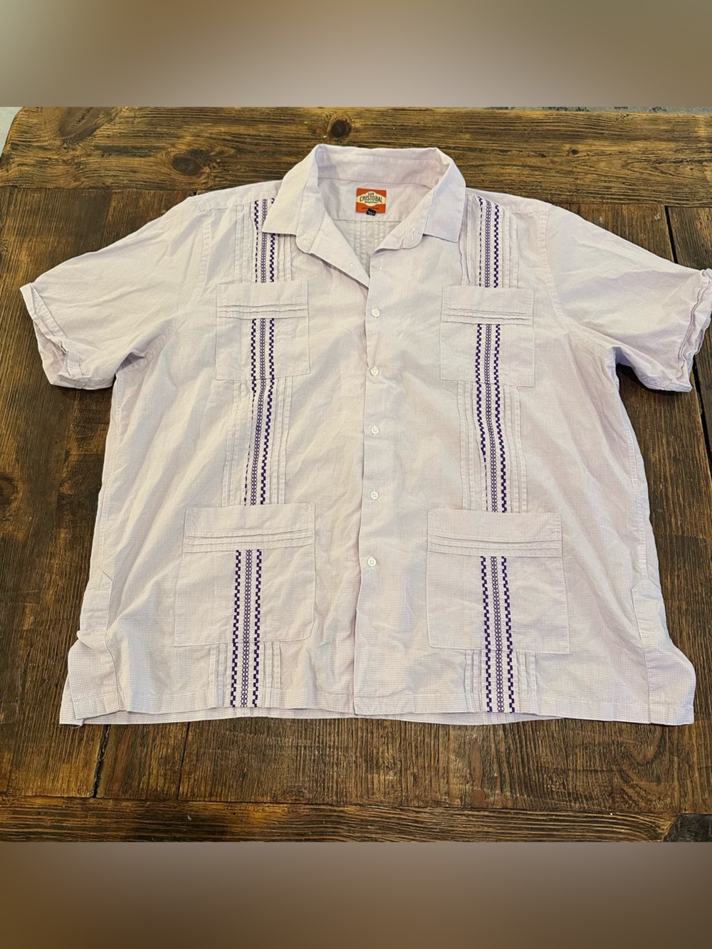 San Cristobal Men's Short-Sleeve Embroidered Guayabera Shirt - Light Lavender